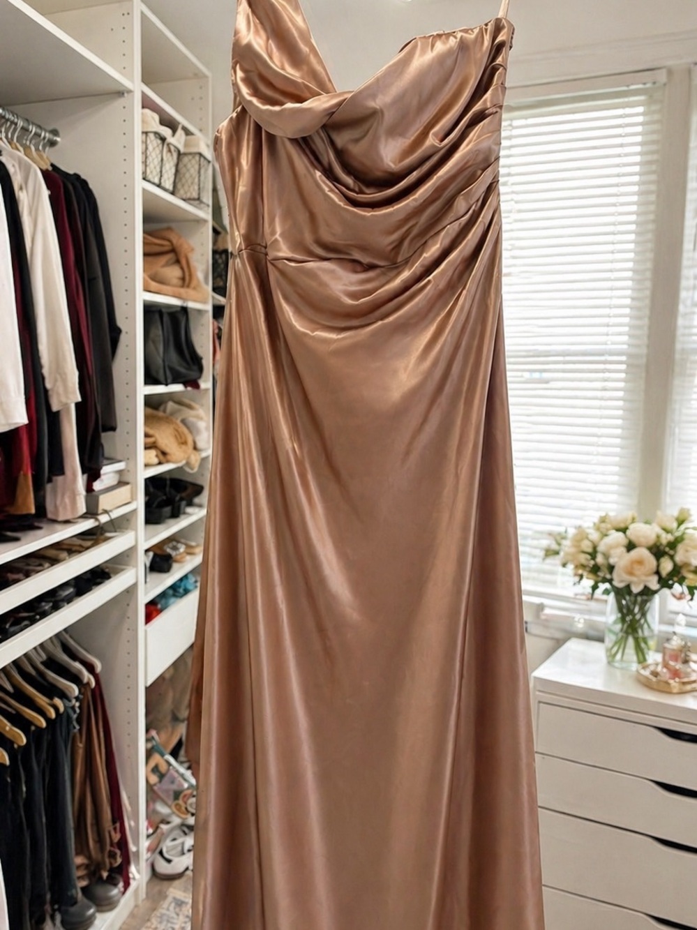 Satin Cowl Neck Maxi Dress in Champagne Bronze